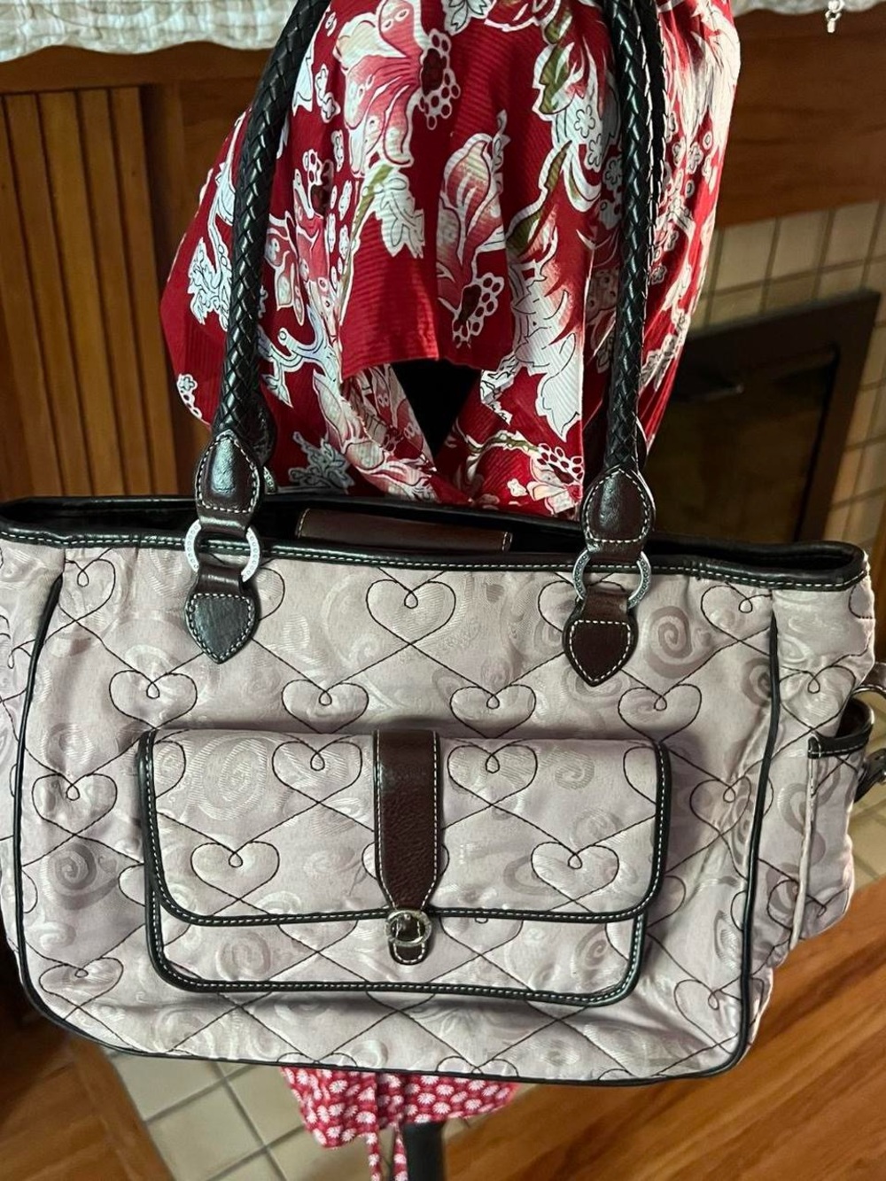 Brighton Quilted Heart Tote in Light Pink with Dark Brown Trim